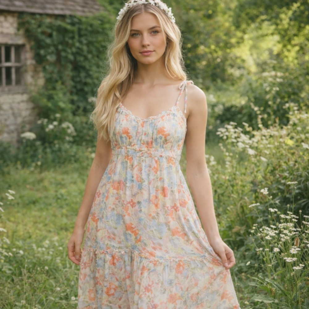 LIKELY Raffy Floral Cottagecore Maxi Dress Ruffle Pastel Sundress 25278